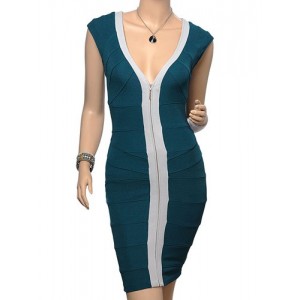 Color Block Casual V-Neck Zipper Design Packet Buttock Bandage Dress For Women